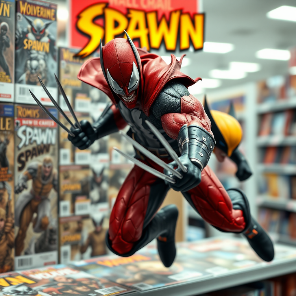 Jumping out of a Comic book cover on a store shelf is Spawn and Wolverine with his perfectly razor sharp claws in Cinematic Real3D photo-realistic quality.