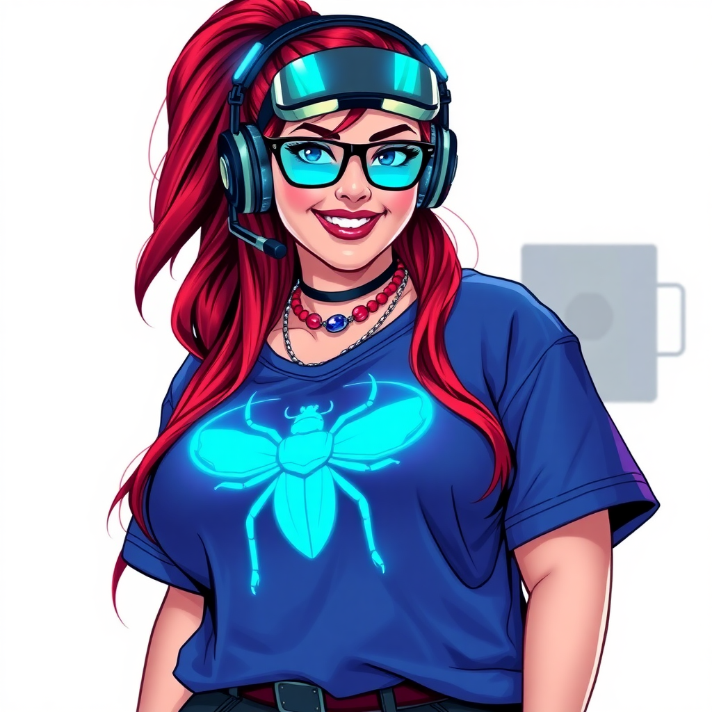 A cyberpunk vigilante’s full-figured intelligent and tech-savvy 29-year-old girlfriend, who is a computer hacker and tech genius. She has a long ruby red ponytail and bright blue eyes. She wears a sapphire beetle gemstone necklace, and an oversized maximum blue t-shirt featuring a giant neon blue glowing icon of a beetle on its chest. She has a full-figured physique with a prominently, gargantuan, well-rounded midsection, reflecting her well-cared-for lifestyle. She sports a sapphire headset with hi-tech maximum turquoise lensed HUD visor, black eyeglasses, and a beaming smile with a passionate bright red blush. Despite her figure and a lack of self-esteem, she radiates an air of beauty. She has a slim face which contributes to her radiant beauty. She serves as his tech expert from his hideout, diligently working at her lab table and computer desk. The background is solid white. She is drawn as if she was in a retro 2D cyberpunk fighting game. Ensure her shirt covers her midsection.