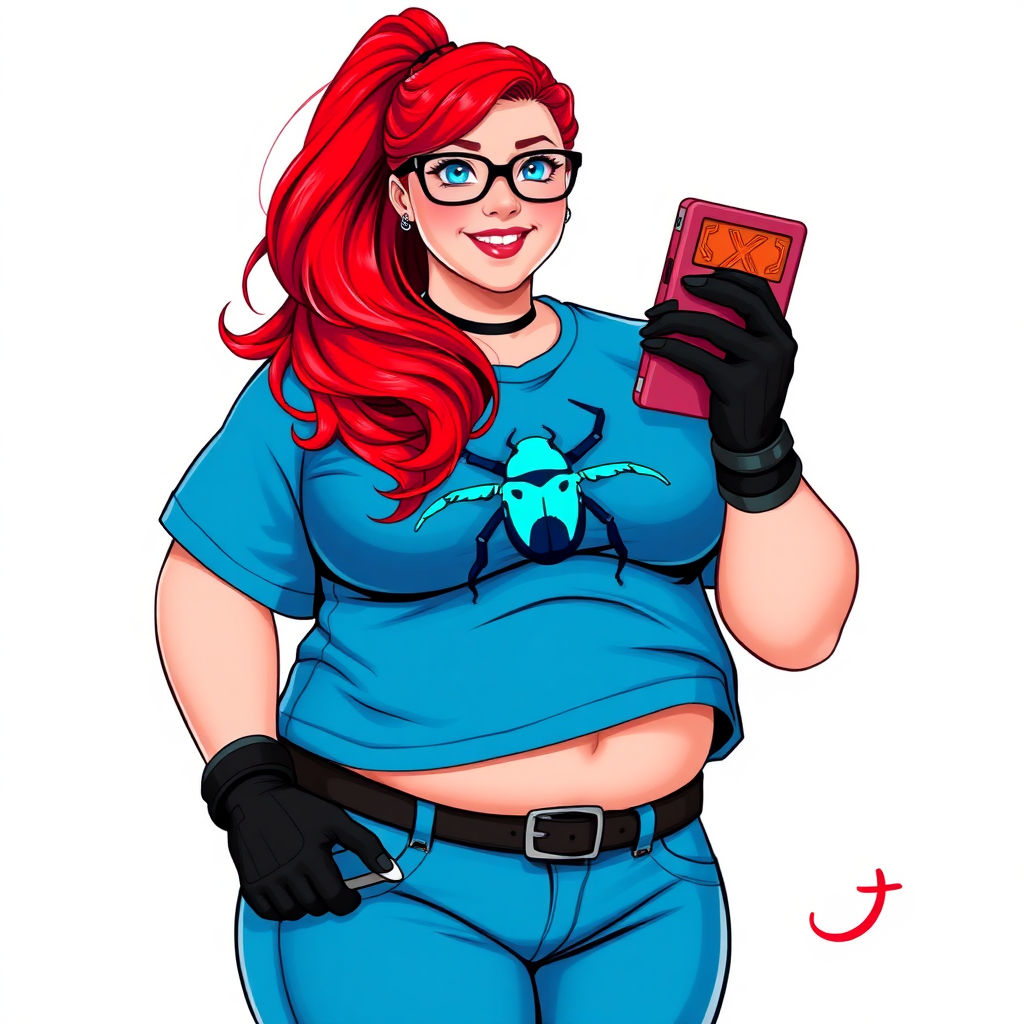 A 28-year-old, full-figured computer hacker and tech wiz, she is the girlfriend of a cyberpunk vigilante. Her long ruby red ponytail, and striking, bright blue eyes make her stand out. Her wrecking ball-sized midsection, sequoia-sized limbs, and broad shoulders define her full figure, which has been heavily pampered by her doting boyfriend. Her nerdiness is blatantly obvious, and she serves as her boyfriend’s tech expert.

As the loyal and supportive sidekick, she plays a crucial role in their missions, using her digital and technological prowess to assist and protect. She wears an oversized maximum blue t-shirt adorned with a maximum turquoise beetle chest icon, black oversized eyeglasses, matching maximum blue biker pants, and black high-tech gloves. She beams with a neon red blush, holding a futuristic wrench and a digital holographic tablet. She is on a solid white background. She is drawn as if she was in a retro 2D cyberpunk fighting game. Her midsection is bloated to emphasize her figure.