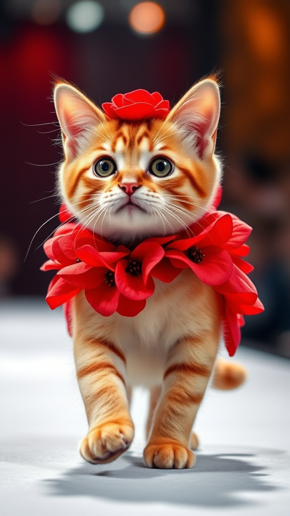 A little chubby big yes pink-nosed cat walking on two paws wearing a real red flower costume doing a ramp walk in a fashion show.