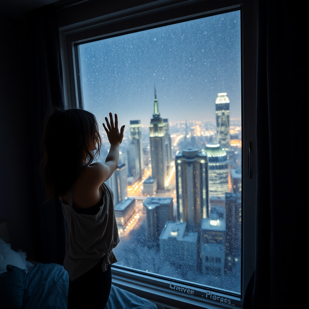 medium close-up candid photograph of a woman standing by a large snow window looking out over a bustling city at night, bedroom, wearing a loose tank top and panties, hand up against the window, messy brunette hair with auburn highlights, dark, shadows, extremely intricate details, masterpiece, enhanced contrast, highly detailed skin