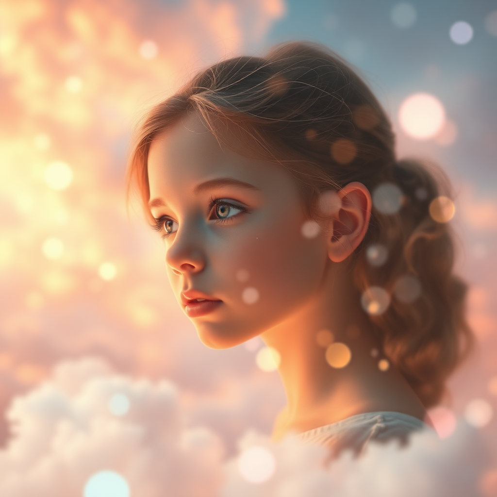 mandelbulb clouds, Low Key Lighting, dreamscape, nebula, Bokeh, abstract, brilliant colors, glittering, translucent, iridescent, glowing, artistic photo, panoramic, airy, original, experimental, fractal, generative art, calm, cinematic shot, opal, gold, preteen girl