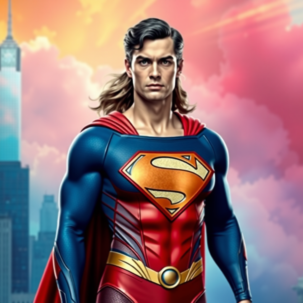 Generate a full-length rendered image featuring Superman, utilizing the female figure of Elastigirl. Retain Superman's original head, hairstyle, and facial features. Adapt Superman's costume, incorporating embellishments and elements from Elastigirl's outfit while adjusting for the new proportions. Craft a dynamic background inspired by both characters, blending Superman's Metropolis and Elastigirl's vibrant colors and textures. Aim for a harmonious fusion of styles that highlights strength and flexibility, ensuring the image captures the essence of both superheroes in a unique way.