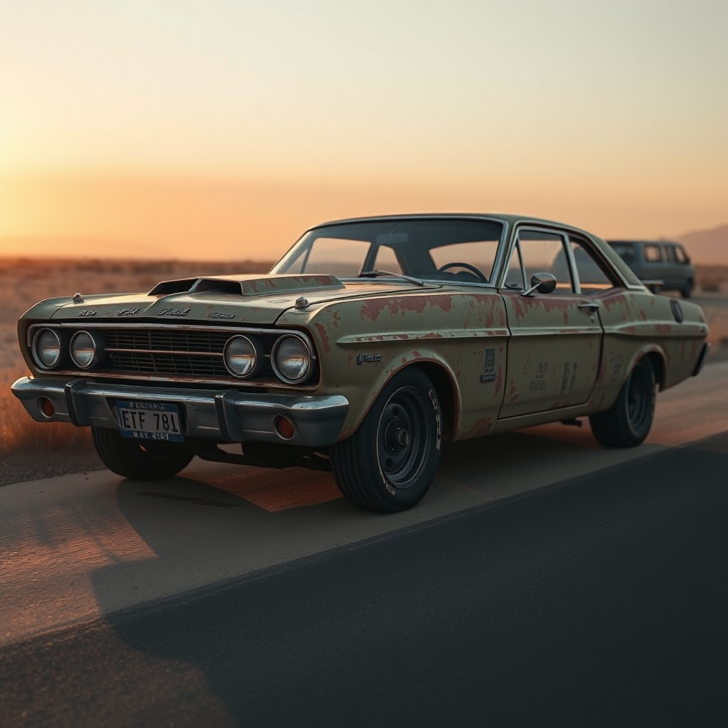 Ford Falcon Mad Max apocalyptic rusty the car is parked on the side of the road, inspired by Taiyō Matsumoto, tumblr, restomod, nd4, c4