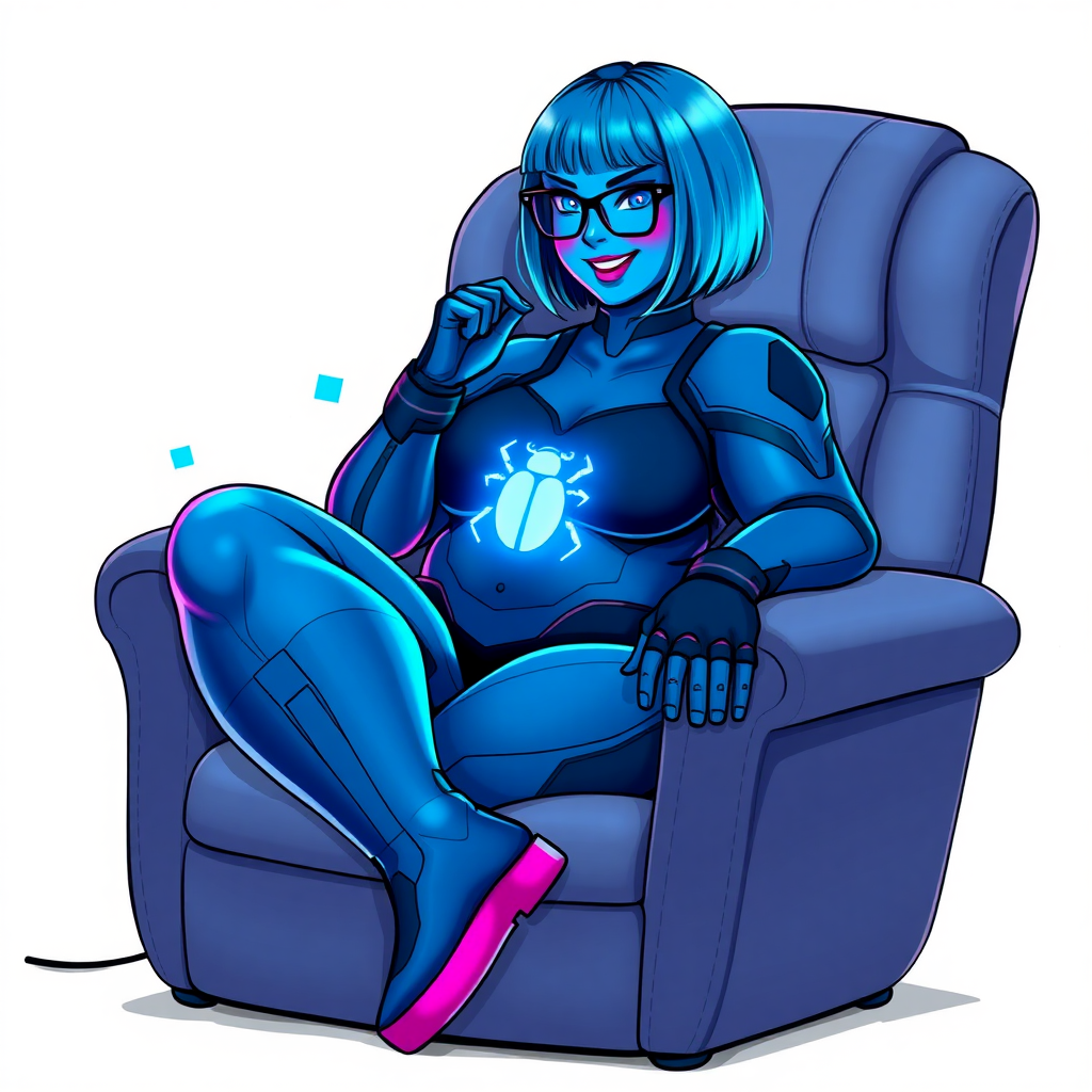 A heavily, extremely, and intensely pampered nerdy full-figured digital sidekick, a 29-year-old computer major, has been transformed by her doting vigilante boyfriend. Her striking blue skin and bob cut seamlessly integrate with her data, and her neon blue eyes glow with intelligence. Her physique, now showcasing a gargantuan round midsection, tree trunk-sized limbs, and broad shoulders, contrasted by a slim face, clearly reflects her indulgence and pampering. Her full figure is prominently highlighted, with her plump, rounded midsection and robust limbs emphasizing her pampered status. As the loyal and supportive sidekick, she plays a crucial role in their missions, using her digital prowess to assist and protect.

She wears a digital, computerized maximum blue bodysuit blending with her hair and skin, featuring a glowing neon blue beetle chest icon and matching high-tech gloves. She bashfully giggles with a neon red blush, emitting neon blue data cubes from her body. Her full figure, now even more plump and heavily emphasized by her nerdy appearance, clearly shows how pampered she is. Her nerdiness is accentuated by her black oversized eyeglasses.

Her outfit, influenced by DC’s Jennifer Knight Phantom Lady, remains distinct. Adding to her pampering, she serves as his minicomputer, traveling in his high-tech wristwatch and supercar’s computer system. Using her ability to hack into computers and machines, she relays crucial knowledge relating to his missions.

In her new pose, she sits comfortably on a plush, high-tech chair with one leg crossed over the other, her oversized glasses slightly askew as she adjusts them with a bashful smile. Her relaxed posture and content expression, combined with the glowing data cubes around her, clearly reflect her status as a heavily pampered, nerdy digital sidekick. Her gargantuan, rounded midsection and robust limbs are prominently displayed, emphasizing her indulgence and pampering while maintaining her nerdy physique. She is on a solid white background. She is drawn as if she was in a retro 2D cyberpunk fighting game.