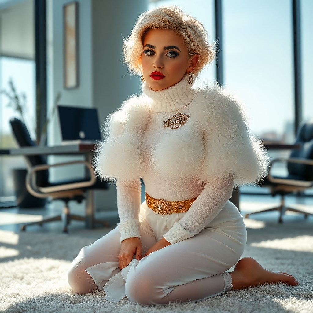 Sunny spring morning, modern glass-steel-concrete office, kneeling on fluffy carpet in front of CEO’s desk: Kimberly, 19 years old very convincing femboy “trophy-bimbo”, tamed servile docile, very beautiful feminine flawless face, rather short, by hormones very curvaceous womanly figured, platinum blond short tight curls, bold red lips, heavily made-up face, wearing Supertanya-style fluffy very fuzzy bright white angora turtleneck-poncho cropped ending under bust decorated with pearls and glass stones, striking oriental wide gold bridal protection belt, white fully transparent harem pants, large pearl earrings, striking diamond “KIMBERLY” letter brooch on left chest, pout frustrated, looking at camera. Focus on face and turtleneck-poncho.