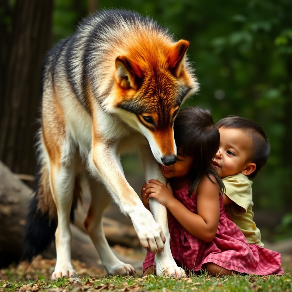 A black, white, and red wolf protects children in a realistic photo.