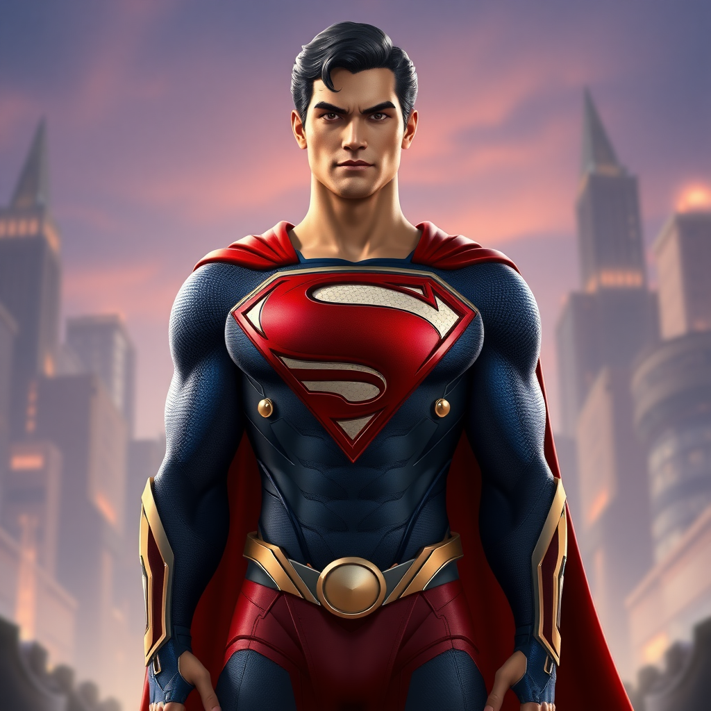 Create a full-length image of Superman featuring the body traits of Mei-Ling from Overwatch. Focus on modifying the body shape, with special emphasis on the torso, while keeping Superman's core costume. Incorporate embellishments and elements from Mei-Ling's design into the costume. Set the character against a backdrop that harmonizes with iconic settings from both Superman and Mei-Ling's worlds.