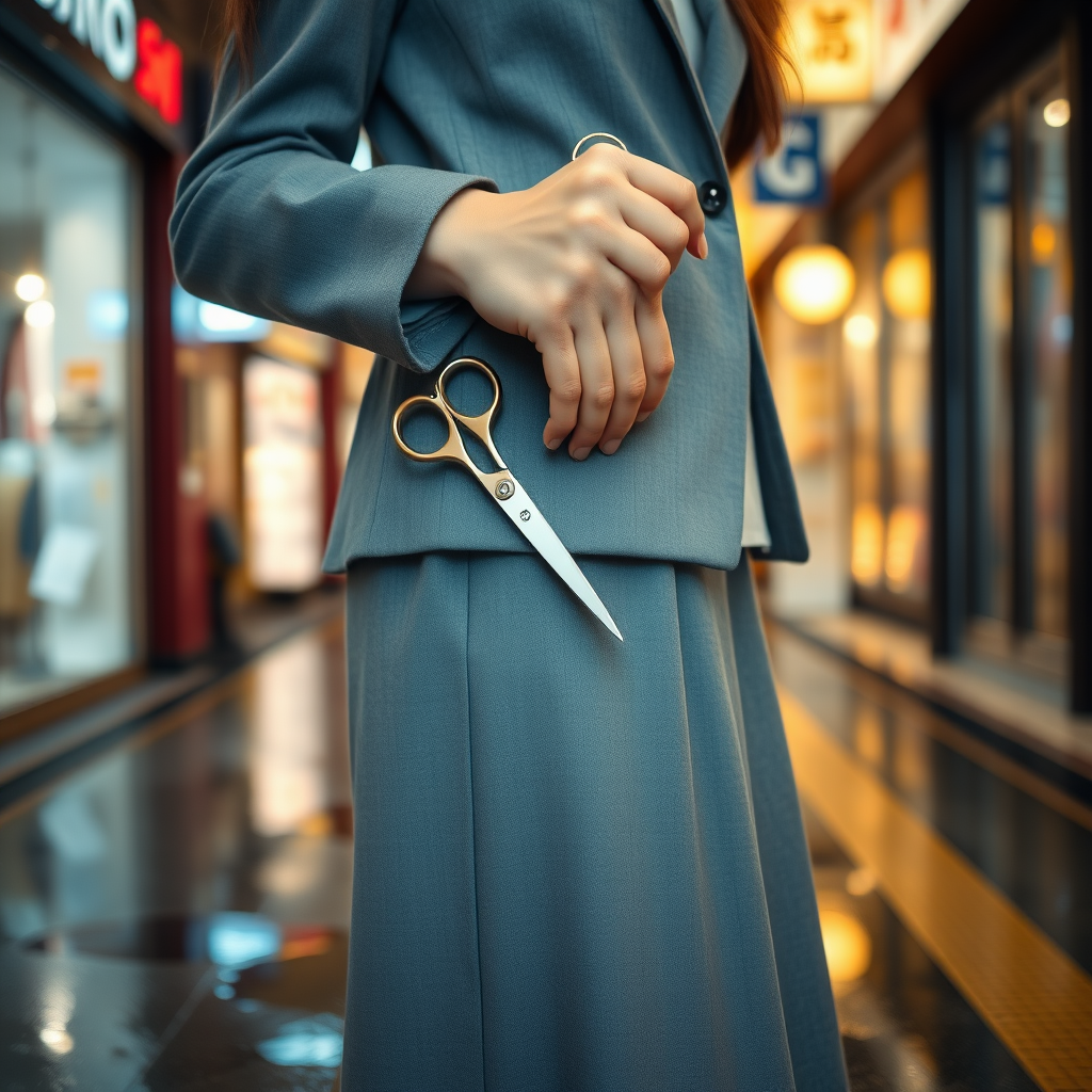 Camera focuses on the lower portion of a young Japanese businesswoman who wears a grey blazer and grey skirt. She grips and holds a pair of scissors at her side, the blades pointed to the ground. The scissors gleam from the lights of the shops in the surrounding alleyway. The lights of the shops are reflected in the rain puddles of the alleyway.