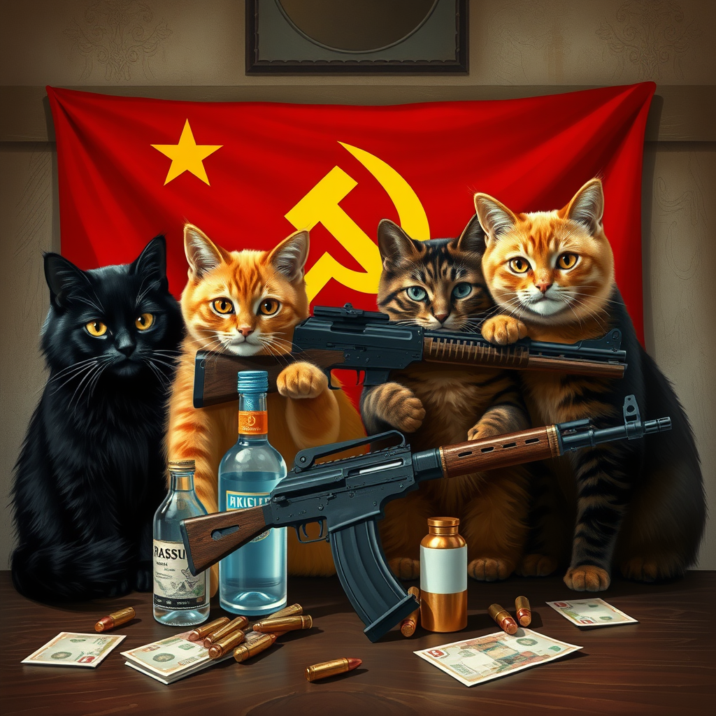 4 chatcatkat, black, orange, dark brown and light brown, Soviet communist with an AK-47 and vodka and a flag of the USSR behind a table with bullet shells on it and Russian money.