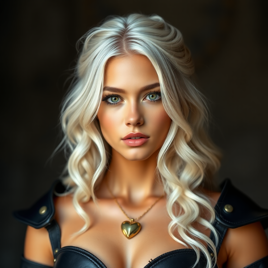 Portrait of a beautiful young woman with long wavy platinum blonde hair, green eyes, a suntan, large breasts, and light brown eyebrows. She is wearing black leather armor and a gold necklace with a small heart pendant.