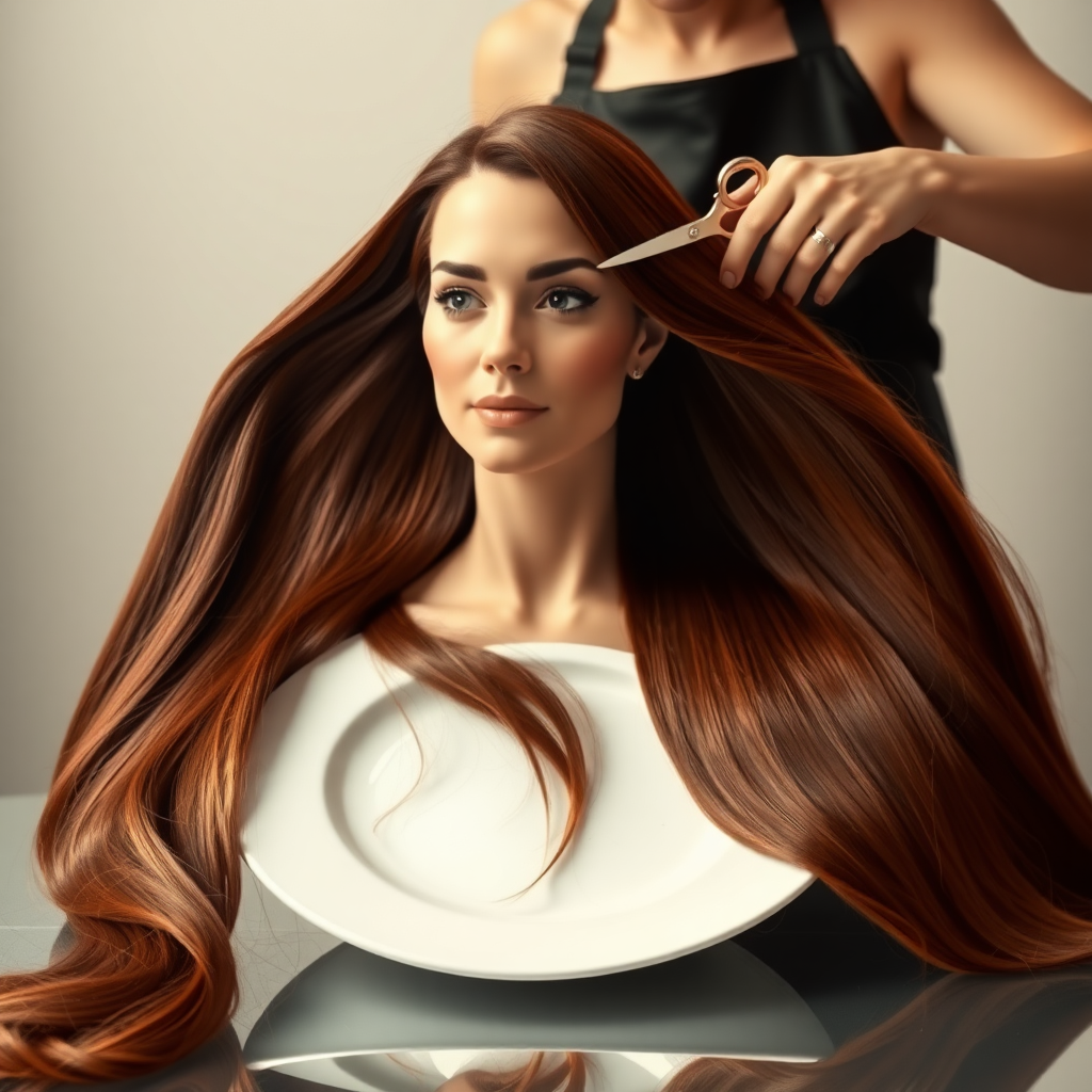 In a bizarre, surreal tableau, the polished surface of an elegant dining plate cradles the disembodied head of a strikingly beautiful Kate Middleton, her long, flowing hair cascading like a glossy waterfall of deep chestnut and honey highlights. The hair is luxuriously arranged, strands shimmering under the soft, ambient light that bathes the scene in an ethereal glow.

A skilled hairdresser, clad in a sleek black apron, stands poised with a pair of gleaming scissors, carefully trimming the endlessly luxurious locks that frame Kate's serene, almost ethereal features. The air is thick with the scent of salon products mingling with delicate hints of floral fragrances, creating an unusual yet strangely inviting atmosphere. The hairdresser's focused expression reveals a meticulous dedication as snippets of hair fall gracefully onto the pristine plate, echoing a sense of both artistry and absurdity.

The overall emotional tone conveys a dreamlike quality, inviting viewers to ponder the juxtaposition of beauty, identity, and the bizarre circumstances that bind them in this extraordinary moment.