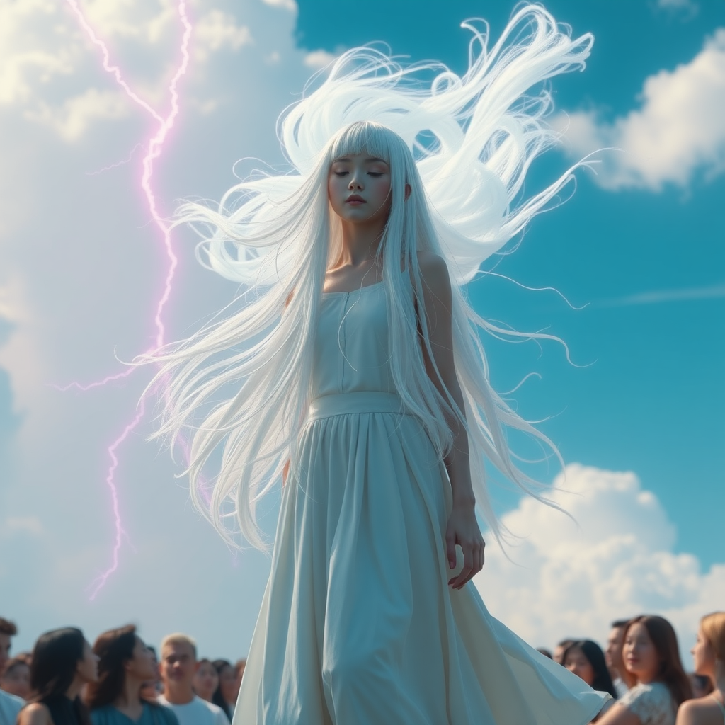 1 girl, solo, long hair, closed mouth, closed eyes, white hair, sky, clouds, white floating, floating hair, cloudy sky, audience facing, long skirt, electricity, pink lightning, Movie, Photo, Rich in Detail, Ultra High Resolution, 32K UHD, Sharp Focus, Best Quality, Masterpiece, Superb Details, Finely Balanced, With Exquisite Textures, Concept Art, mid-air, eye shadow, makeup,