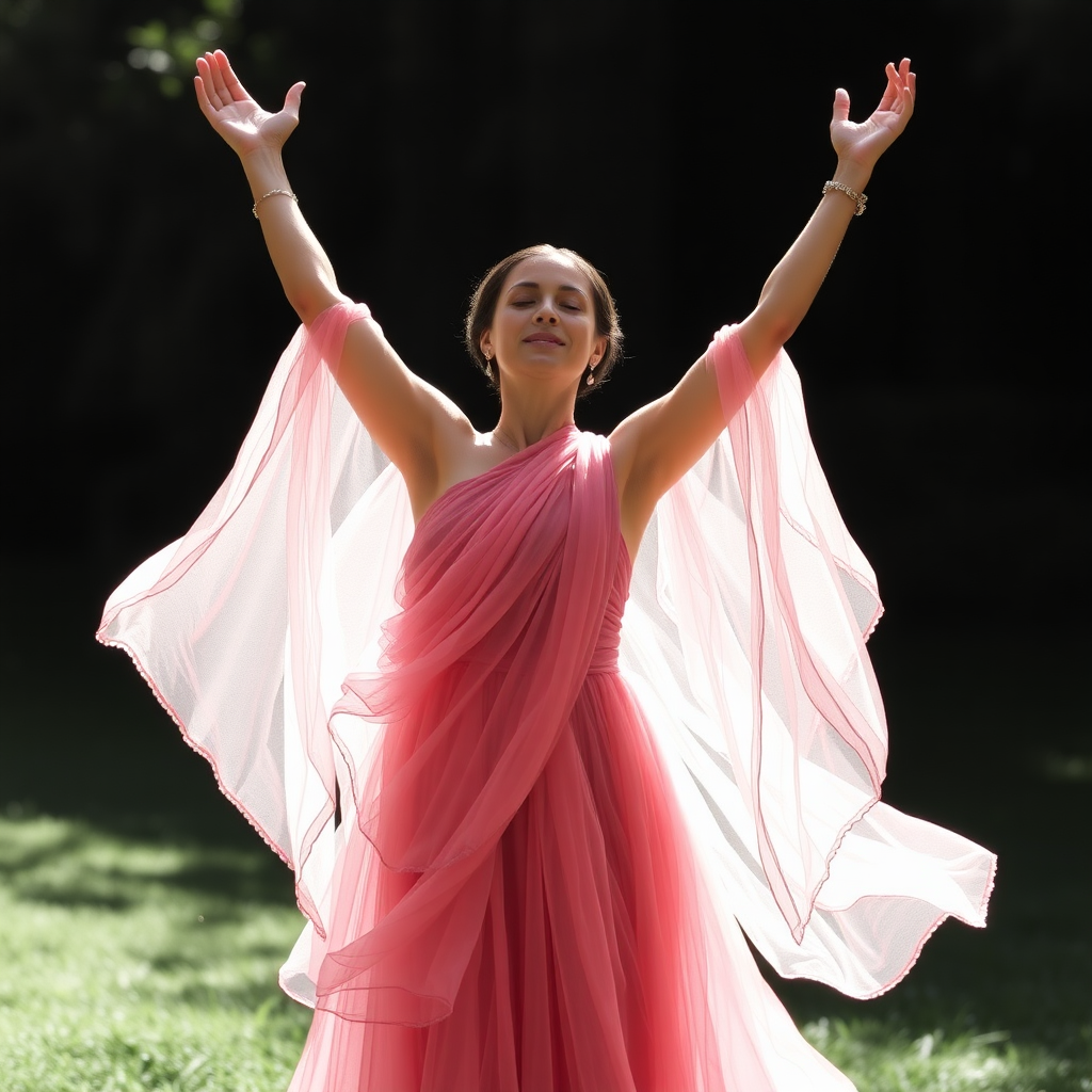 Yogi in gossamer gown her arms raised