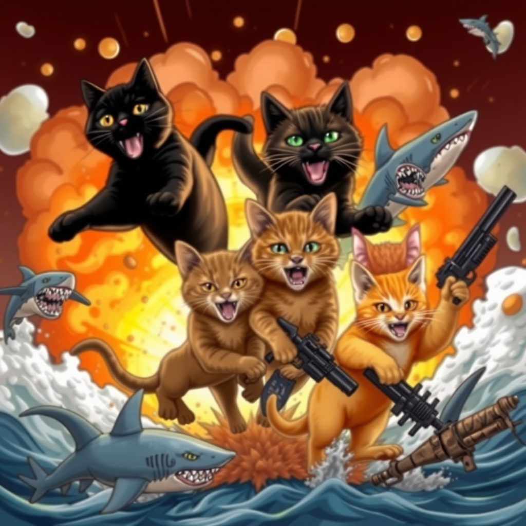 1 black cat, 1 dark brown cat, 1 light brown cat, and 1 orange cat coming out of an explosion with sharks and weapons.