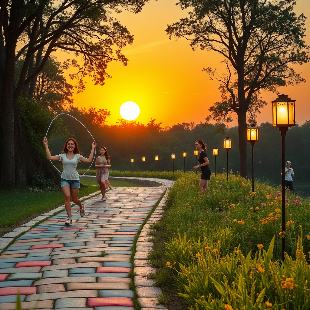 High summer. It is a hot late summer evening. The sun has already set. Three young, pretty Asian women are playing jump rope. Two other modern Asian women are playing badminton. Two more young Asian women are chatting by the roadside. A roughly 2 KM long, uneven, winding, and 2 meters wide bicycle and pedestrian path runs along the edge of the forest, with strikingly colored and differently sized paving stones. For 50 meters of the path, tall trees grow and create a canopy overhead. In general, there are already dark areas at the end of the path in the forest area. Evenly spaced on both sides of the path, lanterns about 1 meter high are placed every three meters, each in the style of the 1950s, lighting the path effectively and colorfully. On both sides of the path, small colorful herbs and wildflowers bloom. A part of the sky is visible. Like in a fantasy picture, a few wispy clouds can be seen, still glowing in pastel colors from the now-set sun. The image is bathed in a warm yellow light. The threatening atmosphere is mystical, eerie, and surreal. In the background, a haze has formed. The weeds have been growing for two months. Note: The Asian women are a very important aspect of the image generation. They are meant to alleviate the viewer's fear. With many Asian women present, the viewer does not feel alone and feels safe. The Asian women acknowledge the viewer and look at them kindly. The Asian women are to be generated as real and human, with loving facial features that are well recognizable. The image suggests that the path is full of Asian women.