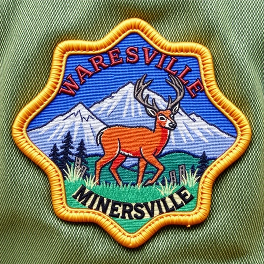 8 sided badge for wearing on a vest. the warehouse number is rdc961. The city is Minersville PA. include mountains. Deer