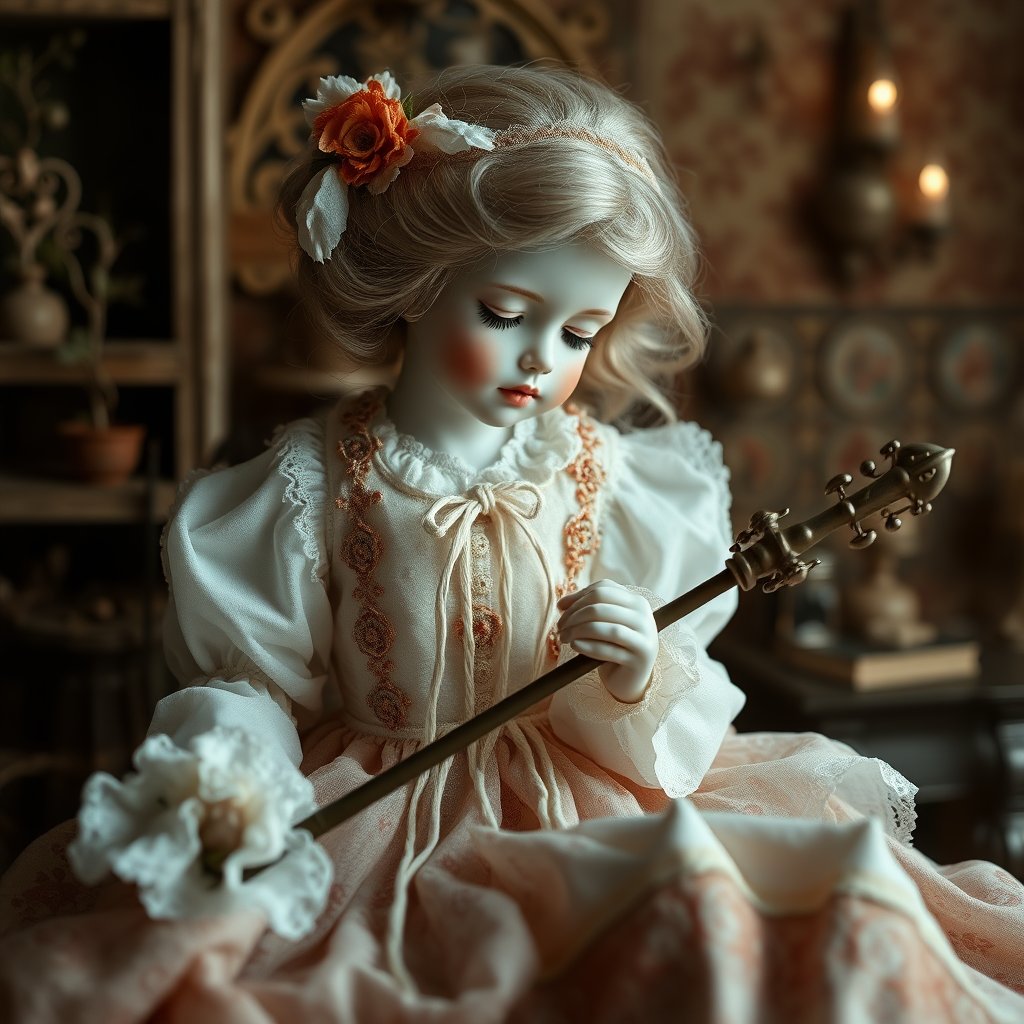 a porcelain doll playing, artists doll, high quality photo, intricate environment, ultra-detailed, impressionistic, dynamic composition, artistic photograph, matte texture