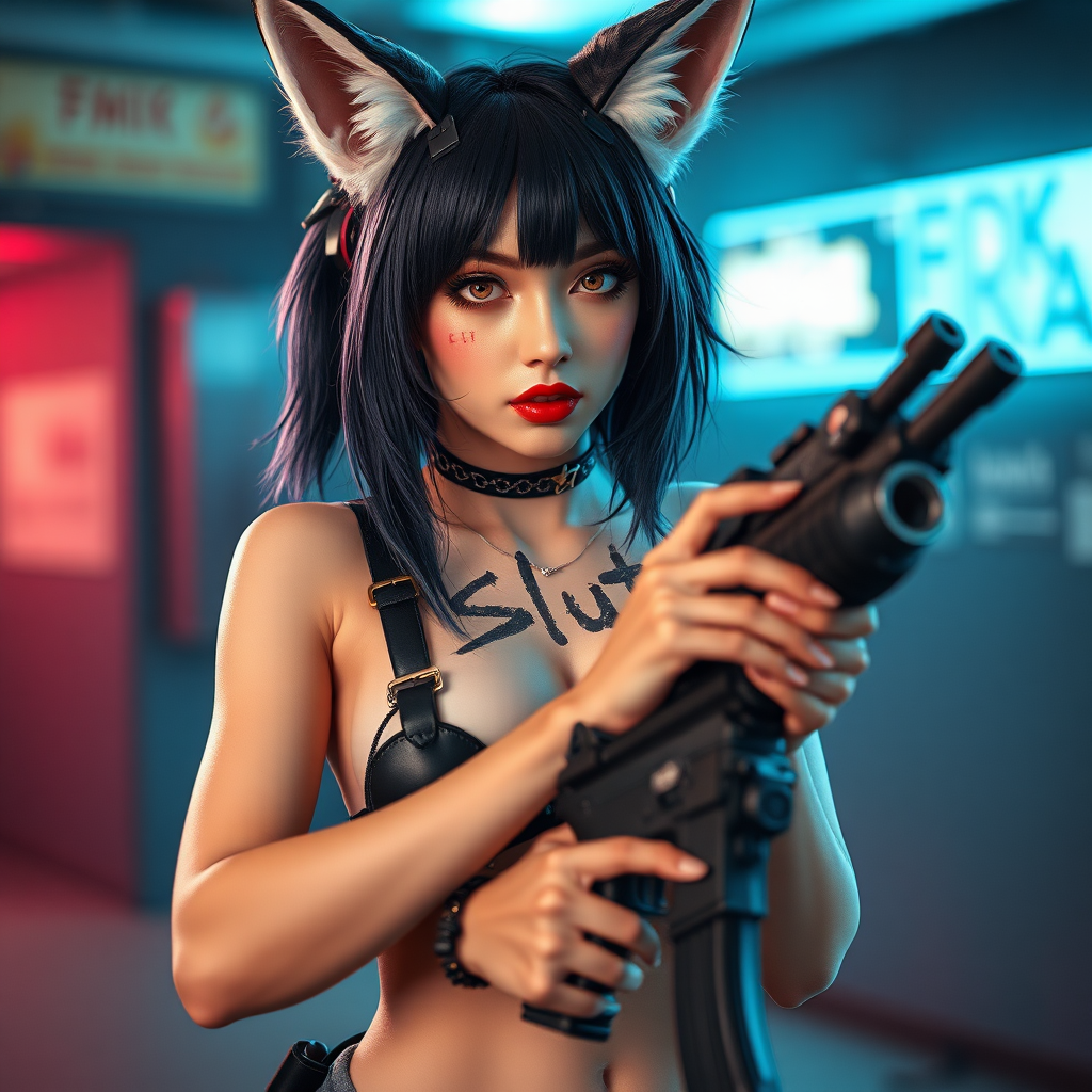 Real life photo of a cyberpunk waifu, she has “slut” written on her skin with lipstick. She is holding a big gun, she has fox ears.