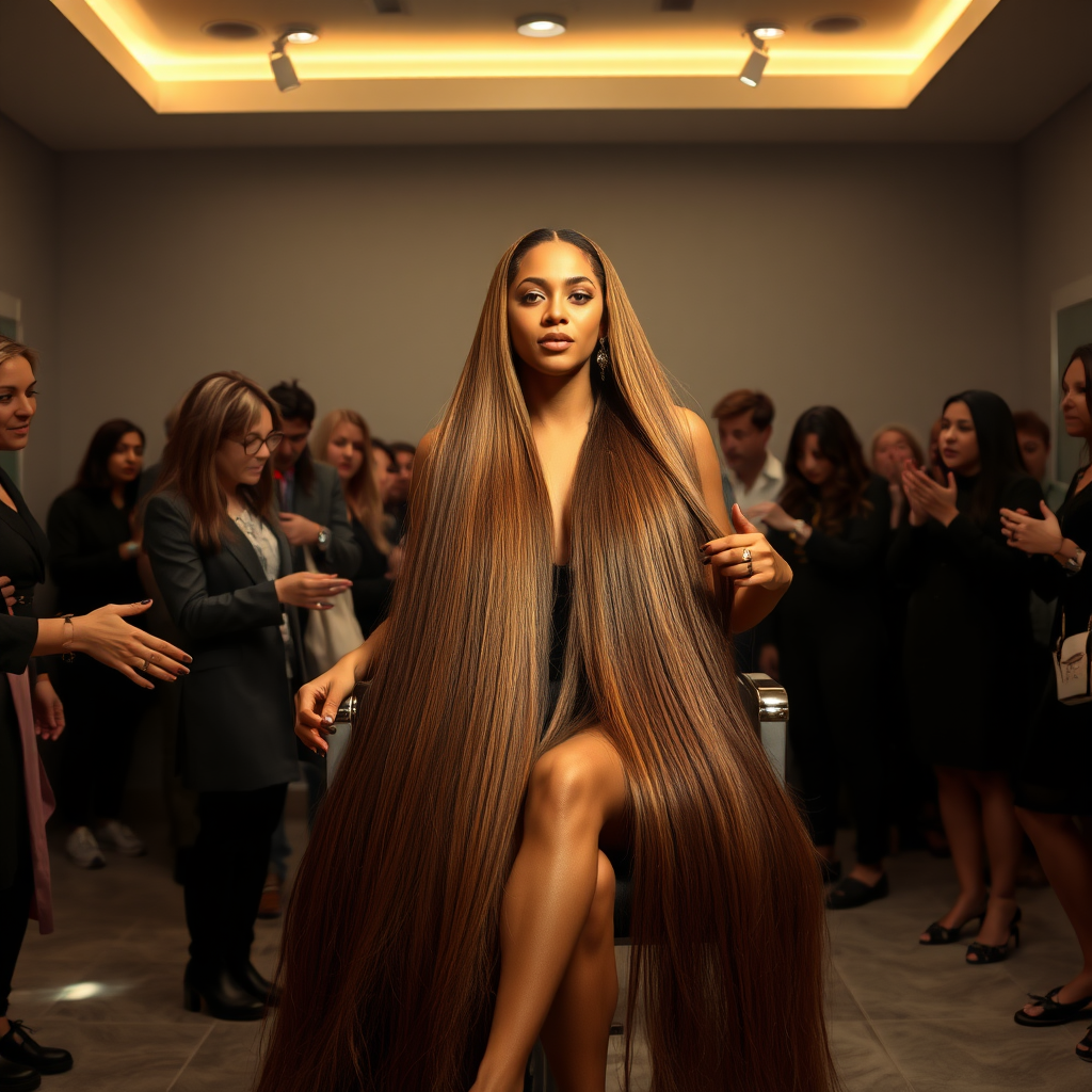 In an elegant, sunlit salon, adorned with soft, minimalistic decor, the stunning Beyoncé sits gracefully in a salon chair, her incredibly long, luxurious hair cascading like a flowing waterfall of silk down her shoulders and past her waist. The gentle glow of overhead lights highlights the rich, deep hues of her hair, each strand reflecting the brilliance of the space around her.

As an interactive long hair fetish performance art exhibit unfolds, curious visitors gather around, their eyes alight with fascination and excitement. Some eagerly reach out, gently grasping her hair between their fingers, feeling the smooth texture slip through their hands, while others playfully tug at it, testing the boundaries of their interactions. Each movement is accompanied by a symphony of soft gasps and murmurs of appreciation, enhancing the atmosphere of intimacy and connection.

The background is a simple, unobtrusive gray, allowing the artistry of the moment to take center stage. The air is charged with a sense of wonder and exploration, as visitors not only admire Beyoncé's hair but also engage in this tactile experience, deepening their understanding of the artistry behind her presence. Her expression is a mixture of serenity and playful engagement and submission, reflecting her comfort and trust in this unique performance, ultimately creating a captivating scene where art and audience intertwine seamlessly.