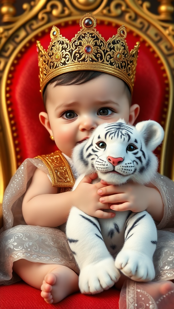 A cute small chubby fair baby with big eyes, pink lips, and pink cheeks, wearing a royal sparkling frock, is sitting on a throne holding a white fluffy cute tiger.