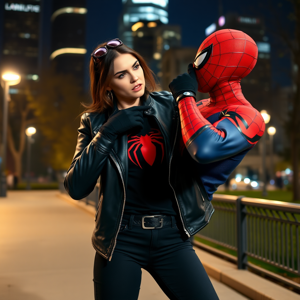 A beautiful angry female burglar in black leather jacket over black t-shirt with black pants and gloves slaps Spider-Man in the face in Manhattan park at night.