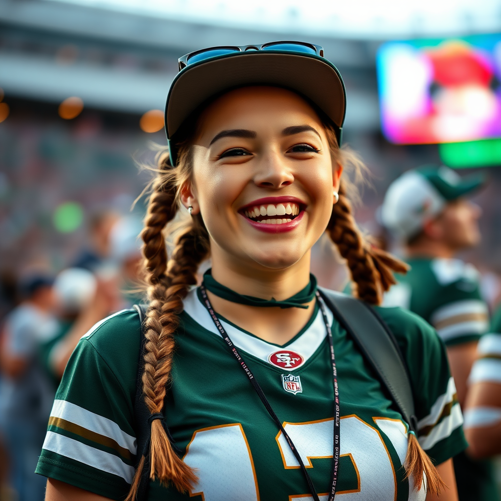 Attractive female NFL fan, pigtail hair, rejoicing