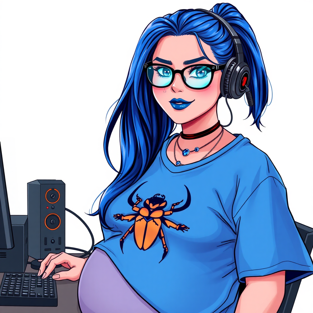 A cyberpunk vigilante’s full-figured intelligent and tech-savvy 28-year-old girlfriend, who is a computer hacker and tech genius. She has a long maximum blue ponytail. She wears maximum blue lipstick, bright blue eyes, a sapphire beetle gemstone necklace, sapphire earrings, black eyeglasses, and an oversized maximum blue t-shirt featuring a blue sapphire gemstone crusted chest icon of a beetle. She has a full-figured physique with a prominent, massive, round belly, reflecting her well-cared-for lifestyle. She sports a sapphire headset with a hi-tech maximum turquoise lensed HUD, and a shy smile with a neon red blush. She serves as his tech expert from his hideout, diligently working at her workbench and computer desk. The background is solid white. She is drawn as if she was in a retro 2D cyberpunk fighting game. Ensure her maximum blue t-shirt covers her belly.