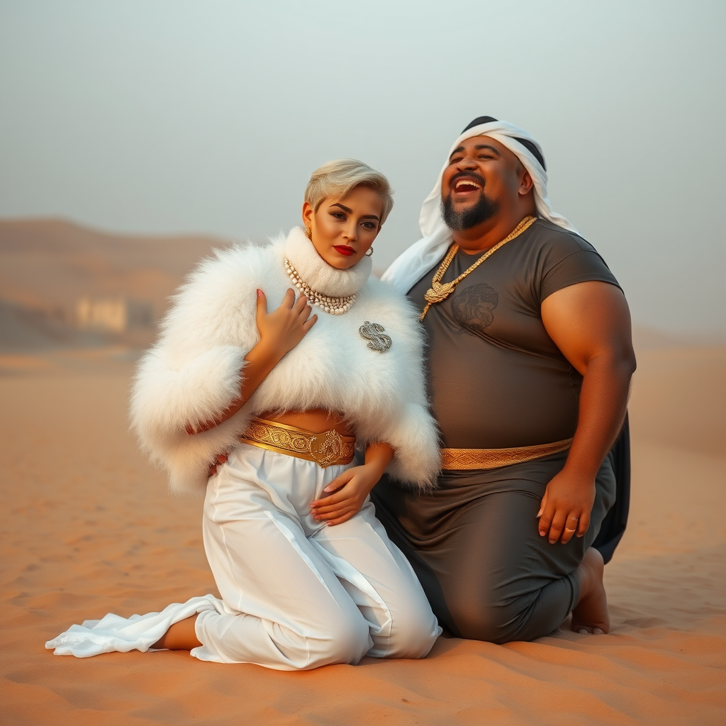 Kuwait desert dunes misty dawn: Melissa, European 17 years old very convincing femboy “trophy-bimbo”, tamed servile docile, very beautiful feminine flawless face, rather short boyish figure, platinum blond short tight curls, bold red lips, heavily made-up face, wearing Supertanya-style fluffy very fuzzy bright white angora turtleneck-poncho cropped ending under bust decorated with pearls and gemstones, striking oriental wide gold bridal protection belt, white fully transparent harem pants, full Oriental bridal jewelry with striking headpiece, full Oriental face-jewelry, striking diamond “$$$” letter brooch on left chest, pout frustrated, hands tied behind back, kneeling in sand with older overweight mighty sheik laughing, devotedly embracing Melissa..