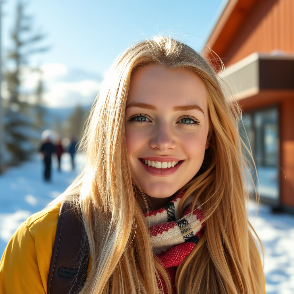 beautiful young woman with lush cherry blonde long hair, full lips, on Alaska Anchorage happy in sunny snow