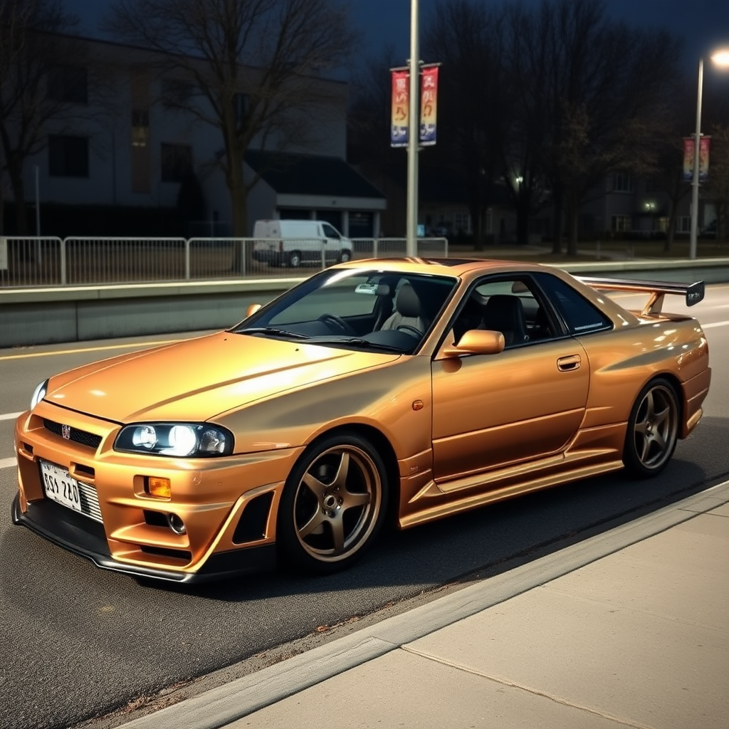 metallic shine nissan skyline r34 the car is parked on the side of the road, inspired by Taiyō Matsumoto, tumblr, restomod, nd4, c4 cold colors