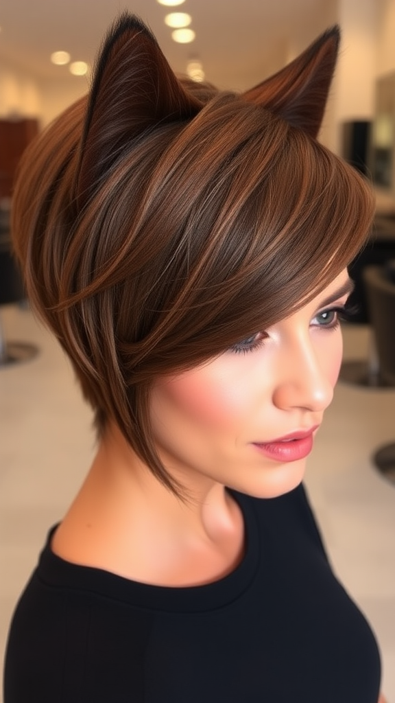 Beautiful model with a Wolf Cut hairstyle in brown color, in high definition, against the background of a hair salon.