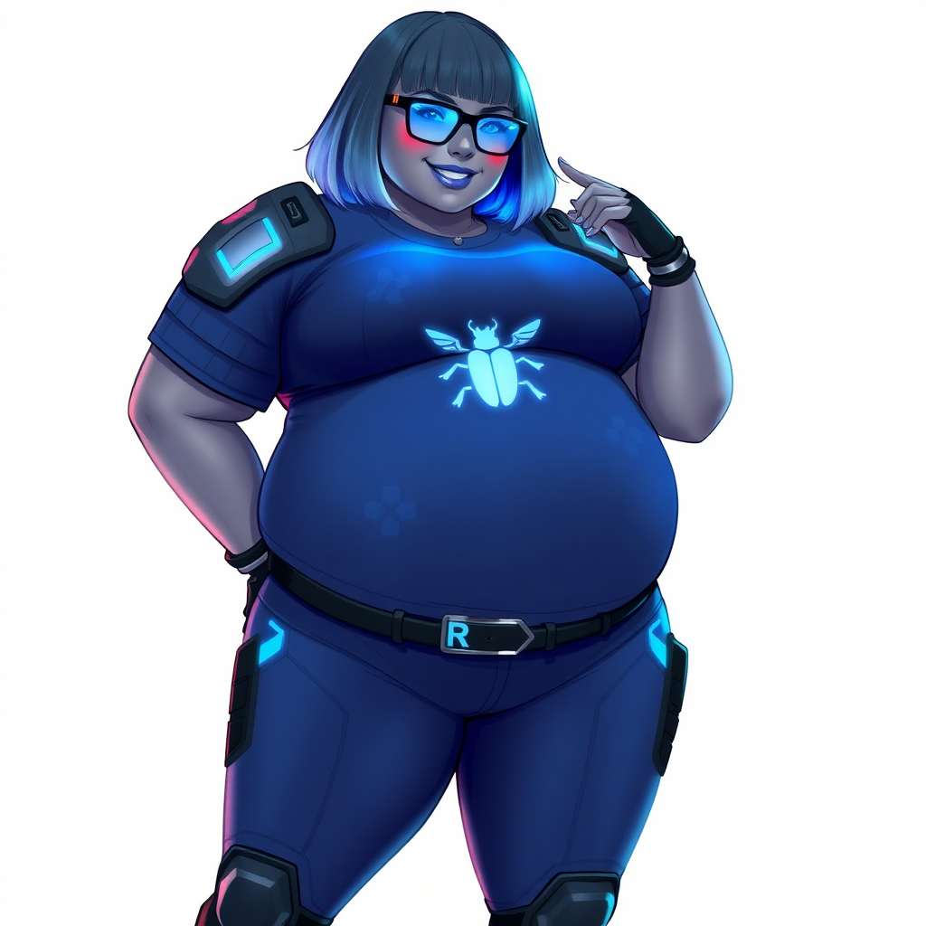 A 28-year-old, full-figured, metallic middle gray (N5) skinned computer program hybrid with a maximum blue bob cut. She has a non-athletic build, highlighted by a prominent, round, large midsection (with emphasis on her belly), which shows the effects of her new love of junk food acquired from her boyfriend. As the full-figured, nerdy, digital sidekick to her cyberpunk vigilante boyfriend, her metallic middle gray skin and maximum blue lipstick (5PB 5/12) emphasize her digital nature. Her skin has a subtle, animated glow, with digital patterns occasionally flickering across it, making her digital nature obvious. She wears a digital, computerized costume, consisting of a huge, tight-fitting, maximum blue t-shirt (5PB 5/12) with a neon blue glowing chest icon of a beetle, hi-tech shoulder pads with neon blue accents, a black hi-tech belt with a digital neon blue glowing buckle, digital maximum blue biker pants (5PB 5/12) with neon blue accents, and black hi-tech fingerless biker gloves with neon blue glowing accents. Her neon blue glowing eyes, black eyeglasses with neon blue glowing lenses equipped with a built-in HUD, and bashful smile with neon red blush accentuate her nerdiness. She stands bashfully with one hand behind her back and the other hand gently touching her cheek, her costume covering all her skin and emphasizing her full-figured physique (especially her belly). She is clearly non-athletic, with a focus on her full-figured physique. Despite her build, she radiates beauty. She has a slim face compared to her physique, accentuating her radiant beauty. She is on a solid white background. She is drawn as if she were in a retro 2D cyberpunk fighting game.