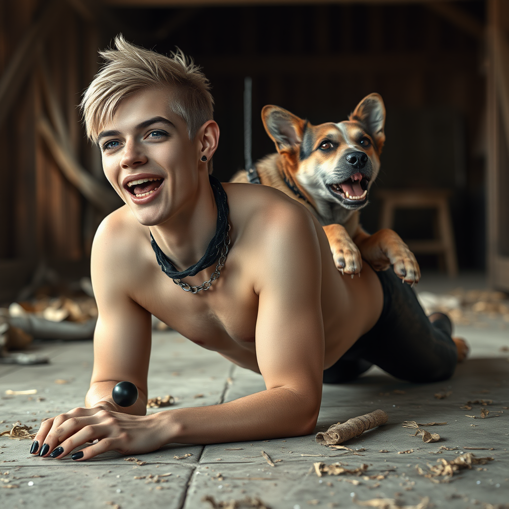 photorealistic, ultra high resolution, 16K, surreal fantasy, soft studio lighting, Caleb Swift is a pretty 16 year old goth male, slim male physique, blonde hair, blue eyes, goth makeup, earrings, glittering black pantyhose, spiky neck collar with chain, crawling on the floor of the barn straddling while a large dog rests its front legs on Caleb's back, during daytime, excited open mouth smile, small black ball-gag, drooling a stream of saliva from his mouth, bulging crotch, full body in wide view from side with Tyler facing the camera.