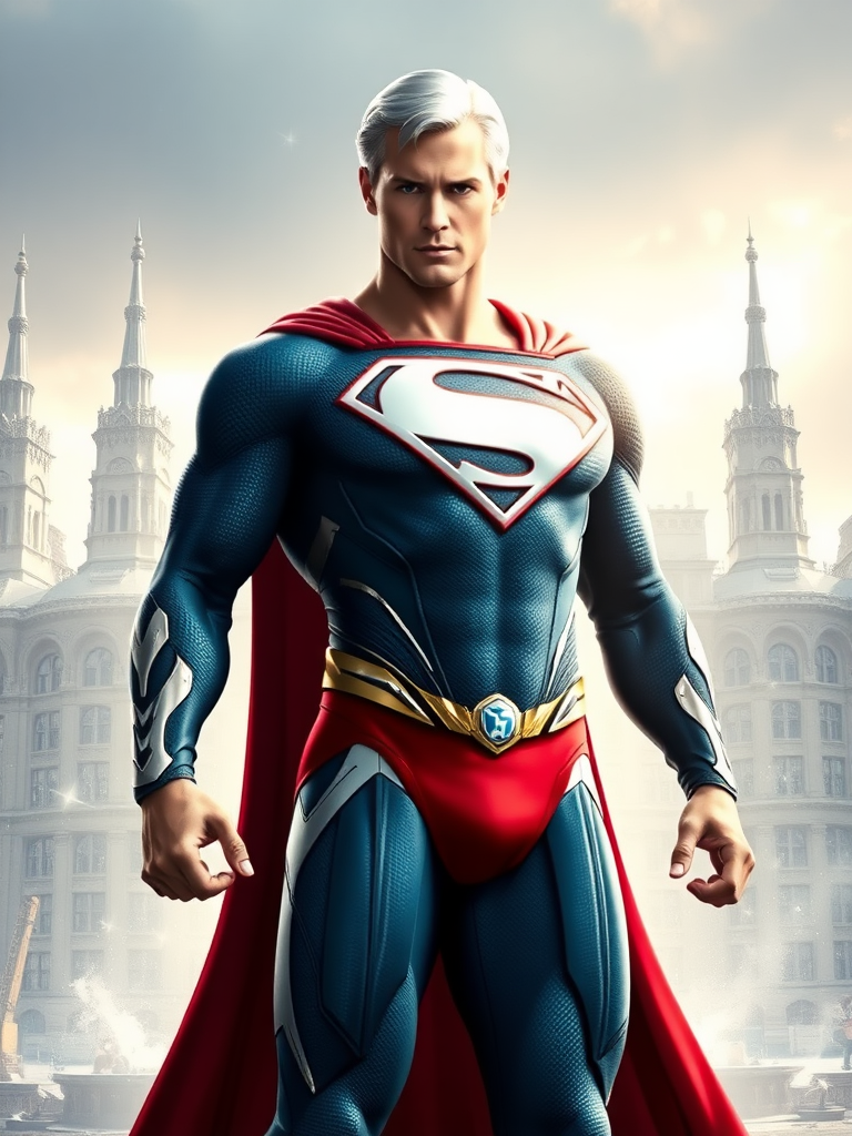 Generate a full-length image of Superman with the body type of Emma Frost while keeping Superman's head intact. The body silhouette should represent Emma Frost's physique. Incorporate embellishments of Emma Frost's costume into Superman's attire. As for the background, it should be an environment appropriate and symbolic for both characters, possibly a blend of Metropolis and the X-Mansion.