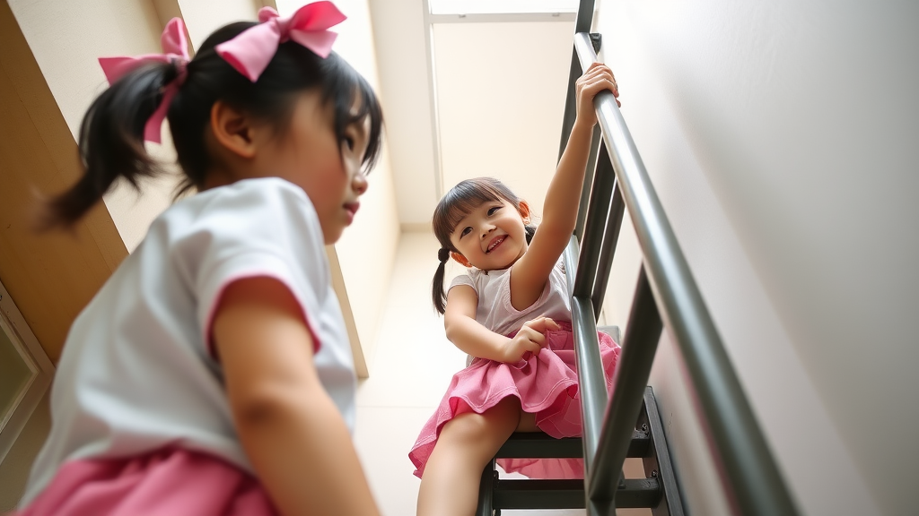 Chubby 14-year-old Japanese schoolgirls in pink pigtails, tiny or small skirts, climbing a ladder, read low angle POV.