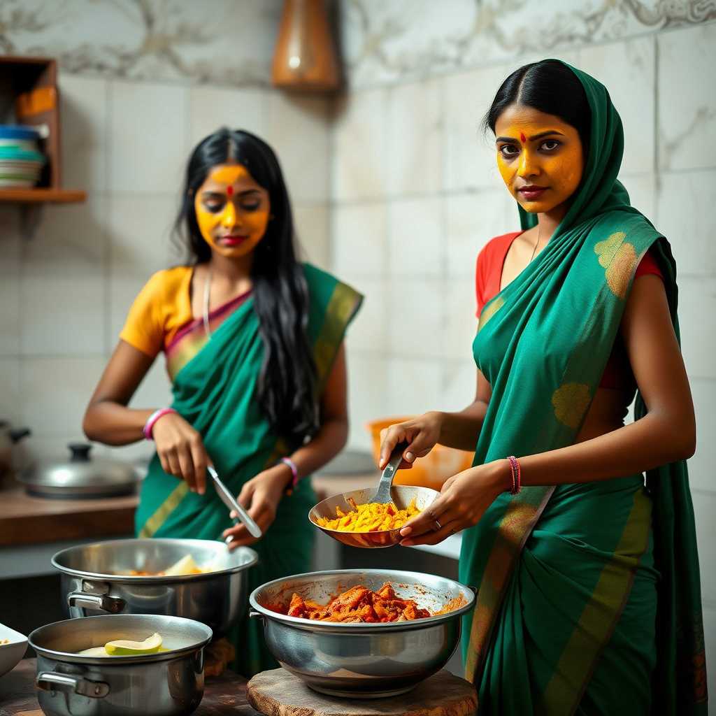 2 slim, 30-year-old Indian maids with long hair coverings. Saree pallu tucked to waist. They are cooking food in the kitchen. Their face is covered with turmeric face mask.