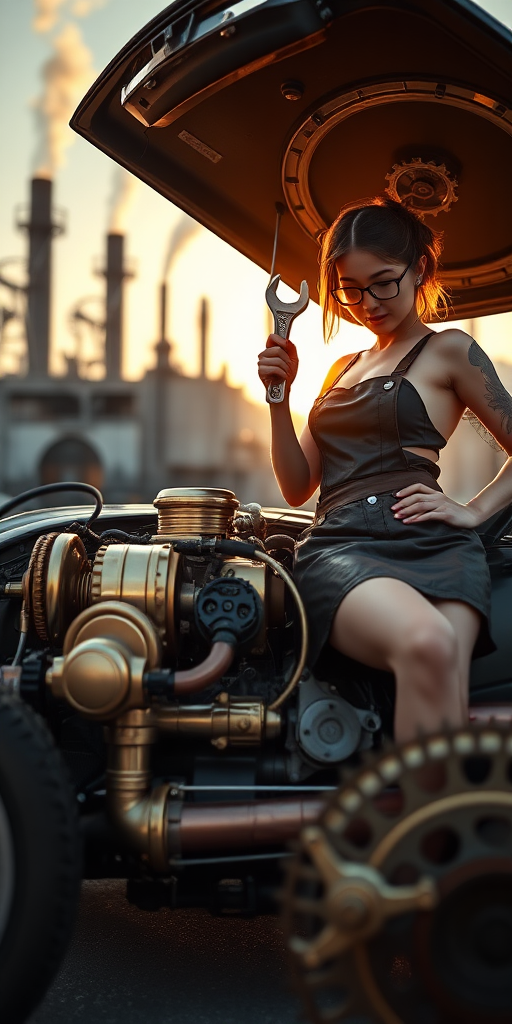 version 2: Highly detailed, hyper-realistic professional photograph of a steampunk-style late model car with intricate brass gears and copper pipes; The hood of the car is open, revealing the mechanical engine inside. A woman in a steampunk miniskirt and low-cut outfit leans over, holds a wrench in her hand, wears a leather apron and glasses, and inspects the engine. The scene takes place during the golden hour, when warm sunlight reflects off the brass components and creates soft highlights on the woman. The background is a blurry industrial steampunk cityscape where gears, chimneys and gently rising smoke create a sense of depth and atmosphere. Shot from a low-angle perspective with a 35mm lens, the shallow depth of field keeps the car and woman in sharp focus while the background fades into softness. Every detail of the scene, from the scratches on the metal to the texture of the woman's clothing, is rendered in stunning detail, enhancing the steampunk aesthetic. Photorealistic, 8k resolution, Octane rendering, unreal engine quality.