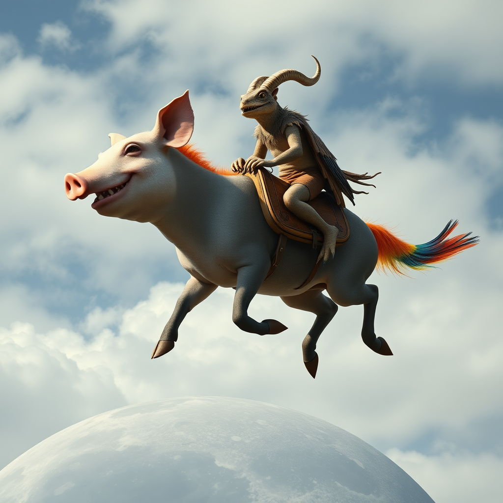 Ultra realistic. Photo of two animals. The first animal has a head of a pig, a body of a shark, feet of a raptor bird, and a colored tail of a peacock. The first animal has a wooden saddle and is galloping in the sky. The first animal smiles stupidly. The second animal rides the first animal. The second animal is like a toad but is slim and has horns like a wild sheep (mouflon). The second animal also has teeth in its mouth; the canine teeth are huge. The second animal looks dangerous. The scene is the cloudy sky above the Moon's surface.