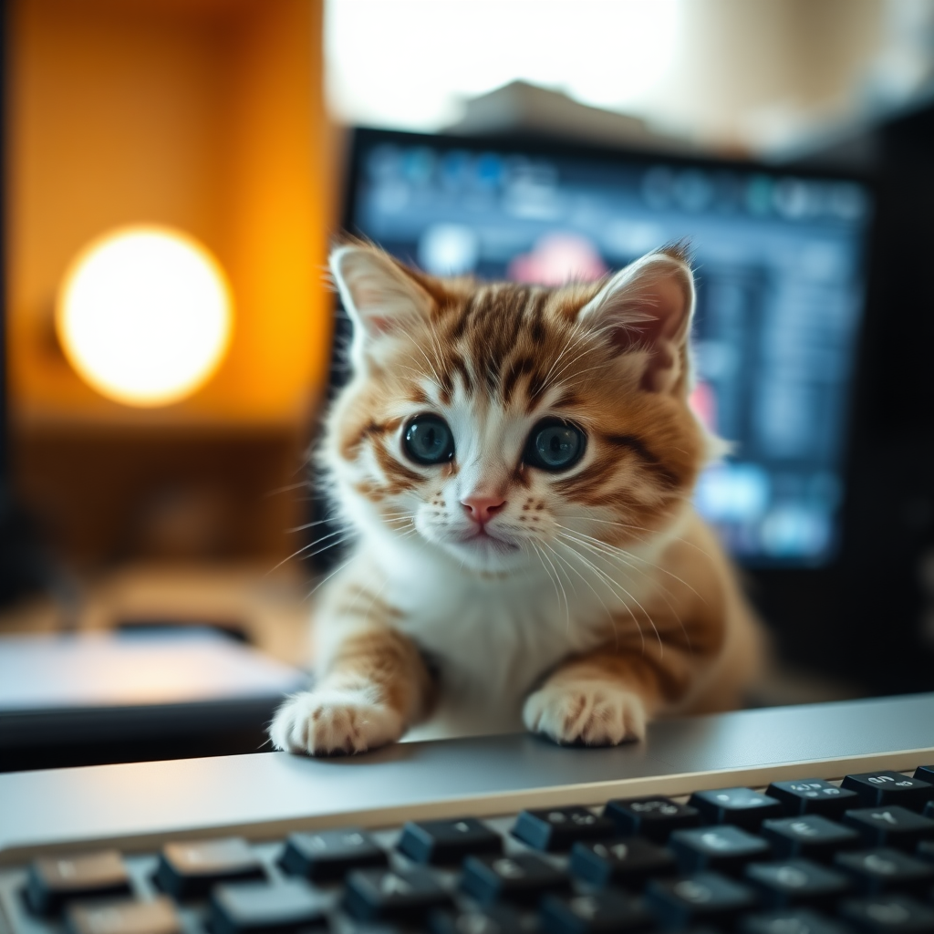 A chubby little cat on the computer screen, so cute.