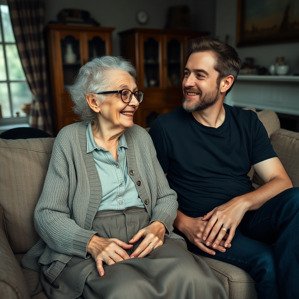 In a scene viewed from an angle and slightly above: In an old-fashioned English living room, a very frail, small and thin, very old and elderly English lady with a kind smile, short, thinning white curly hair, wrinkled face, neck and skin, wearing thin framed glasses, an old cardigan, blouse and long skirt is sitting on a sofa with an English man about 40 years old, grey stubble on his chin, brown hair, sitting close next to her on the same sofa, wearing a black T-shirt and dark blue jeans. The man and woman are smiling at each other. The woman is looking at the man's eyes and smiling. The man is looking at the woman's eyes and smiling.