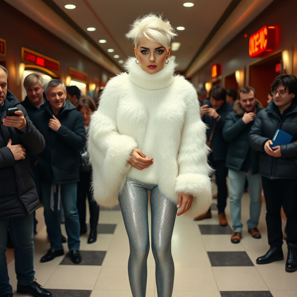 1990 winter evening, crowded cinema lobby: Sam, 19 years old beautiful involuntary femboy, rebellious intractable character, petite boyish figure, platinum blond boyish rebel punk hairstyle, flawless heavily made-up face with sharp arched tattooed eyebrows, wearing Supertanya-style fluffy very fuzzy bright white angora thigh-length turtleneck-poncho fully covering body and arms, silver-glitter leggings, black leather high-heeled pumps, silver earrings, puzzled alarmed, pout serious, impatiently waiting for her master. Other visitors watching laughing taking pictures. Full view of scene.