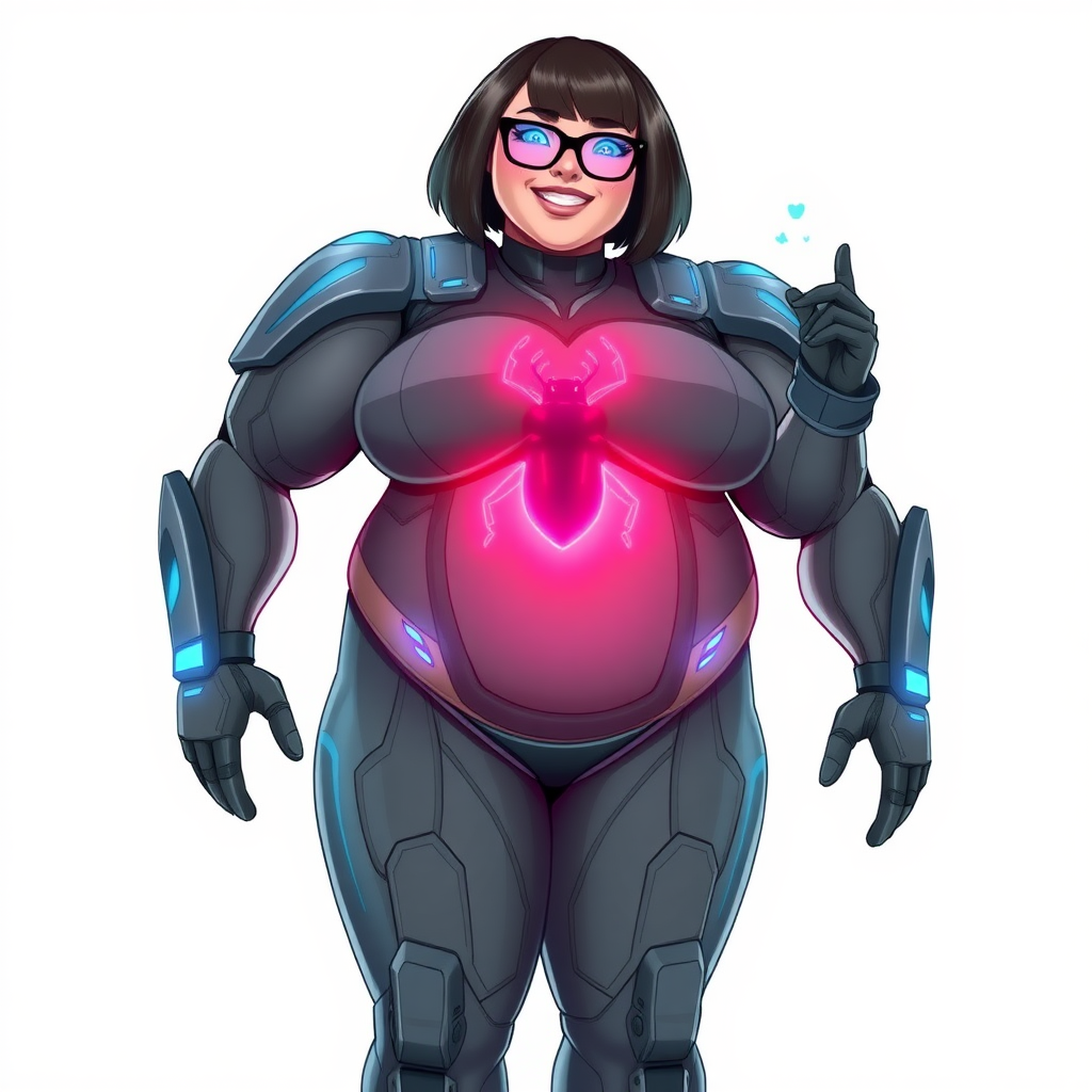 A heavily, extremely, and intensely pampered nerdy full-figured middle gray digital sidekick, a 28-year-old computer major, has been transformed by her doting vigilante boyfriend. Her distinct, metallic, middle gray skin and bob cut appear to blend together simulating computer data, and her neon blue eyes glow with intelligence. Her full-figured physique, now showcasing a gargantuan round midsection, colossal limbs, and broad shoulders, contrasted by a slim face, clearly reflects her indulgence and pampering. Her full figure is prominently highlighted, with her prominent, gargantuan, round midsection and colossal limbs emphasizing her pampered sidekick status. As the loyal and supportive sidekick, she plays a crucial role in their missions, using her digital prowess to assist and protect.

She wears a digital middle gray suit, featuring a neon blue glowing beetle chest icon, digital middle gray boots with neon blue glowing accents, and matching high-tech gloves. She bashfully giggles with a neon red blush, emitting neon blue data cubes from her body. Her full figure clearly shows how pampered she is. Her nerdiness is accentuated by her black oversized eyeglasses.

Her outfit, influenced by DC’s Jennifer Knight Phantom Lady, remains distinct. Adding to her pampering, she serves as his minicomputer, traveling in his high-tech wristwatch and supercar’s computer system. Using her ability to hack into computers and machines, she relays crucial knowledge relating to his missions.

Her prominent, gargantuan, rounded midsection and massive limbs are on full display, emphasizing her indulgence and pampering while maintaining her nerdy physique. She is on a solid white background. She is drawn as if she was in a retro 2D cyberpunk fighting game. Ensure her midsection is round.