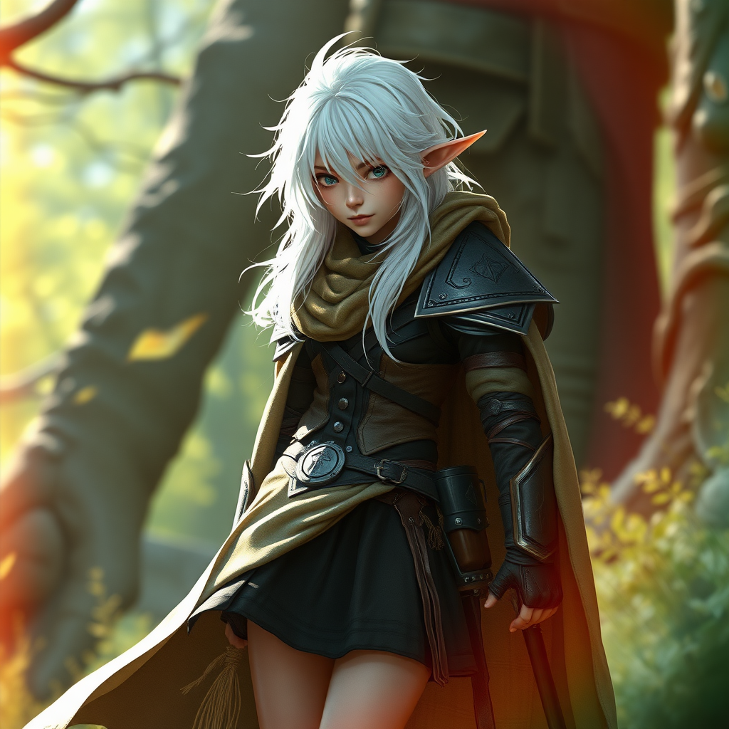 A twenty-something elf girl like (Deedlit from Record of Lodoss War), a character come to life. Messy shoulder-length white hair. Wide triangular shoulder pads, flowing cloak, leather armor, skirt, high heel ankle boots. WLOP style. Photorealistic digital matte painting, highly detailed, film grain, lens flare, chromatic aberration.