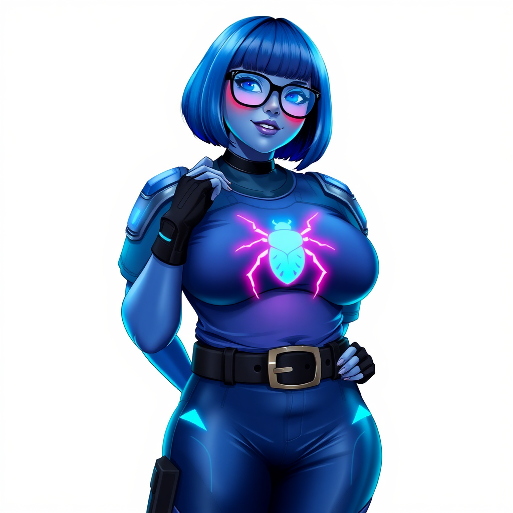 A 28-year-old, full-figured, metallic maximum blue (5PB 5/10) skinned computer program hybrid with a maximum blue bob cut. She has a non-athletic build, highlighted by a prominent, round, large midsection (with emphasis on her round large belly), which shows the effects of her new love of junk food acquired from her boyfriend. As the full-figured, nerdy, digital sidekick to her cyberpunk vigilante boyfriend, her metallic maximum blue skin and maximum blue lipstick (5PB 5/12) emphasize her digital nature. Her skin has a subtle, animated glow, with digital patterns occasionally flickering across it, making her digital nature obvious. She wears a digital, computerized costume, consisting of a massive, tight-fitting, maximum blue t-shirt (5PB 5/12) made out of advanced nanotech with a neon blue glowing chest icon of a beetle, hi-tech shoulder pads with neon blue accents, a black hi-tech belt with a digital neon blue glowing buckle, digital maximum blue biker pants (5PB 5/12) with neon blue accents, and black hi-tech fingerless biker gloves with neon blue glowing accents. Her neon blue glowing eyes, black eyeglasses with neon blue glowing lenses equipped with a built-in HUD, and bashful smile with neon red blush accentuate her nerdiness. She stands bashfully with one hand behind her back and the other hand gently touching her cheek, her costume covering all her skin and emphasizing her full figure (especially her round large belly). She is clearly non-athletic, with a focus on her full-figured physique. Despite her build, she radiates beauty. She has a slim face compared to her physique, accentuating her radiant beauty. She is on a solid white background. She is drawn as if she were in a retro 2D cyberpunk fighting game.