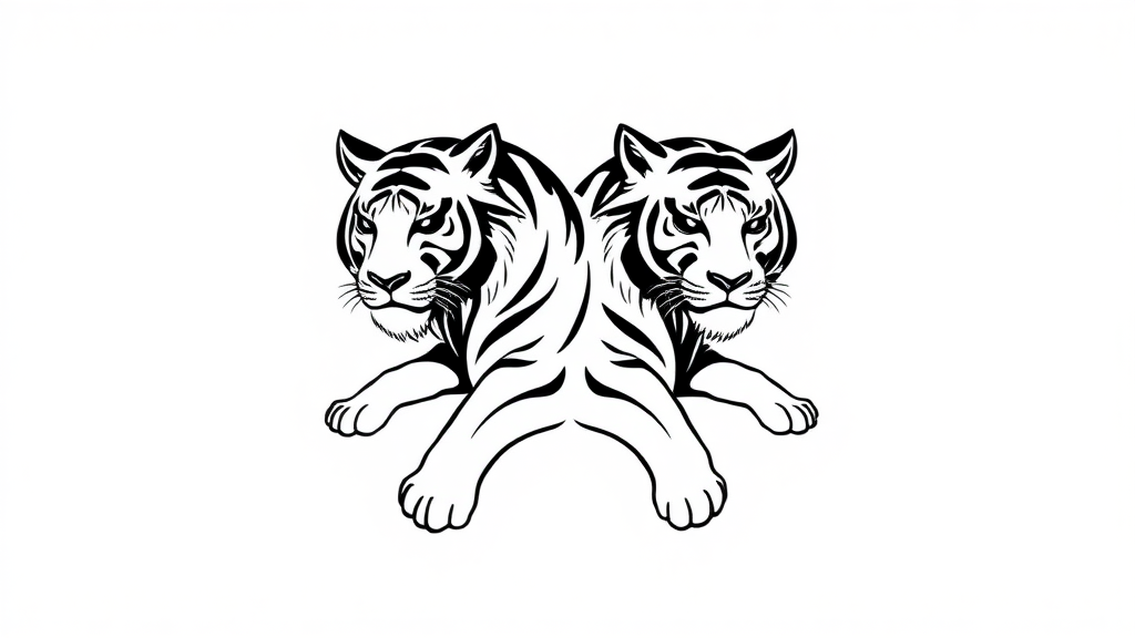 Create a minimalist, monochromatic design of two serene tigers in the style of Sak Yant tattoo art. The tigers look calm, not fierce or scary.