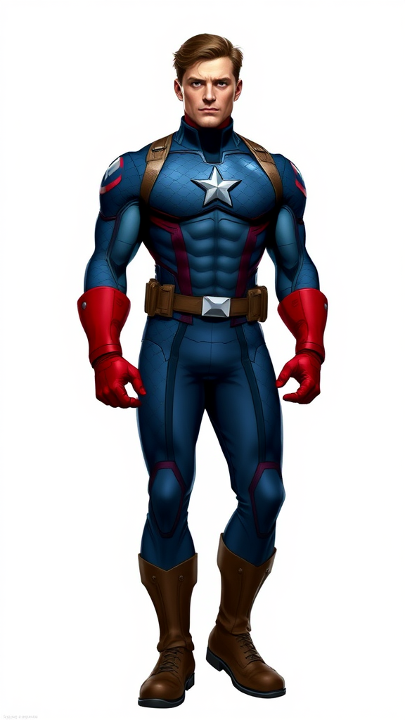 "Create a full-length image of Steve Rogers with the feminine body traits of Snow White, excluding the head. Maintain and adjust his iconic blue, scale-patterned suit and red gloves to fit the new proportions. Depict a muscular yet graceful physique, with broad shoulders tapering to a narrow waist, and toned arms and legs. Ensure the character's hips and chest are curved to reflect Snow White's silhouette, while preserving the athletic build of Captain America."