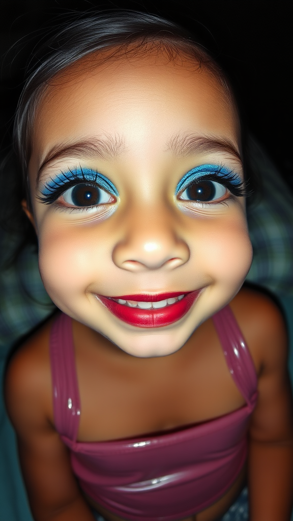 four-year-old-latina-female-child.
She is wearing intense-blue-glitter-eyeshadow, thick-winged-eyeliner with very-dramatic-eyeliner-wings, and dark-burgundy-glossy-lipstick.
She is wearing a tight-glossy-latex-sleeveless-crop.
She is happy, eyes open.
Fish-eye-lens, laying down in a dark motel room, amateur flash photography.