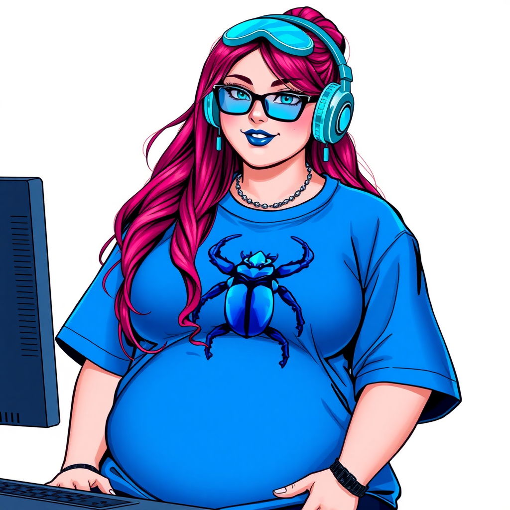 A cyberpunk vigilante’s full-figured intelligent and tech-savvy 28-year-old girlfriend, who is a computer hacker and tech genius. She has a long ruby red ponytail. She wears maximum blue lipstick, bright blue eyes, a sapphire beetle gemstone necklace, sapphire earrings, black eyeglasses, and an oversized maximum blue t-shirt featuring a blue sapphire gemstone crusted beetle chest icon. She has a full-figured physique with a prominent, massive, round belly, reflecting her well-cared-for lifestyle. She sports a sapphire headset with a hi-tech maximum turquoise lensed HUD, and a shy smile with a neon red blush. She serves as his tech expert from his hideout, diligently working at her lab table computer desk. The background is solid white. She is drawn as if she was in a retro 2D cyberpunk fighting game. Ensure her maximum blue t-shirt covers her belly.