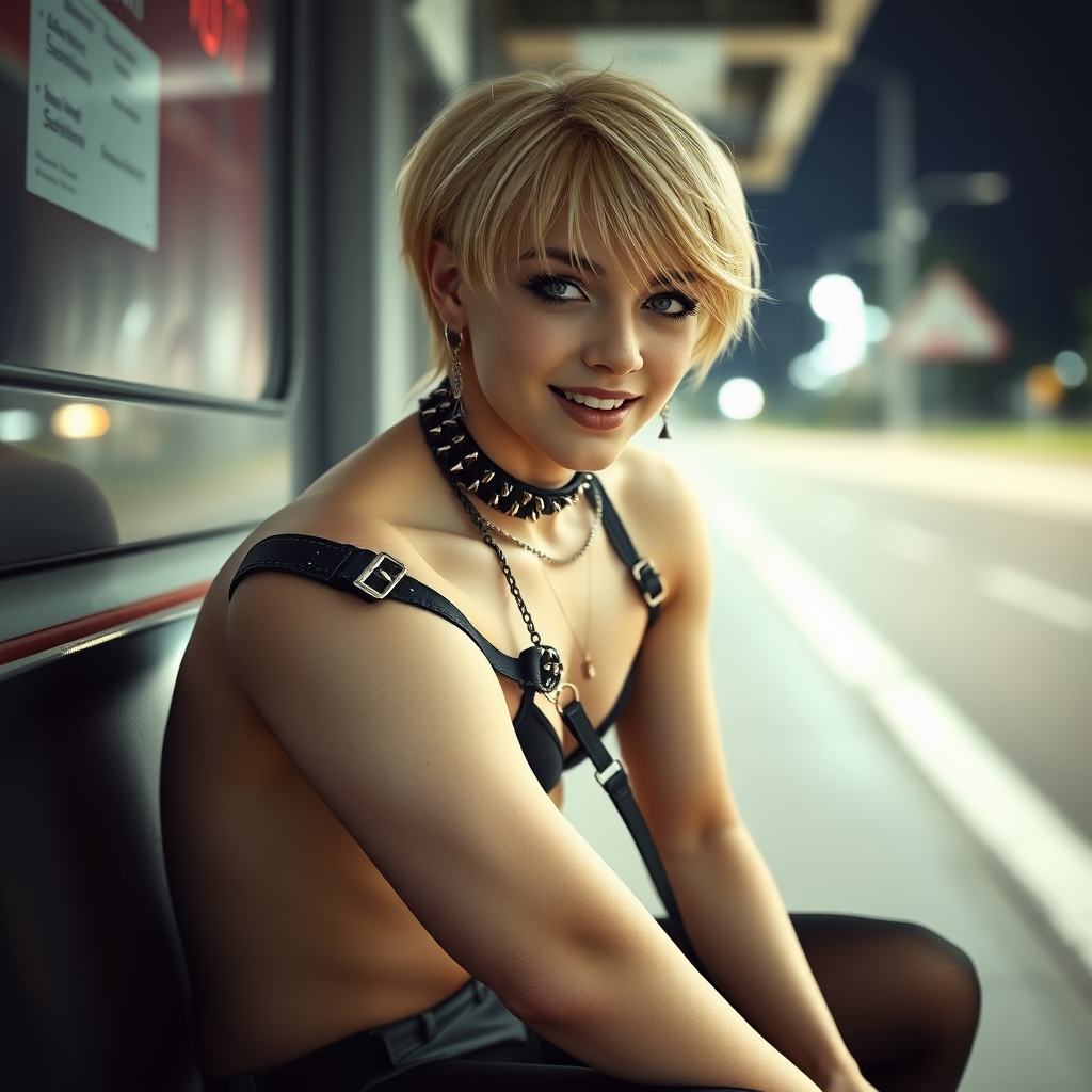 photorealistic, ultra high resolution, 16K, surreal fantasy, studio lighting, a pretty 16 year old goth boy, slim male physique, short blonde hair, goth makeup, earrings, pantyhose, harness, spikey dog collar and leash, trainer-bra, white ballet shoes, sitting at the bus stop, excited smile, facing the camera.